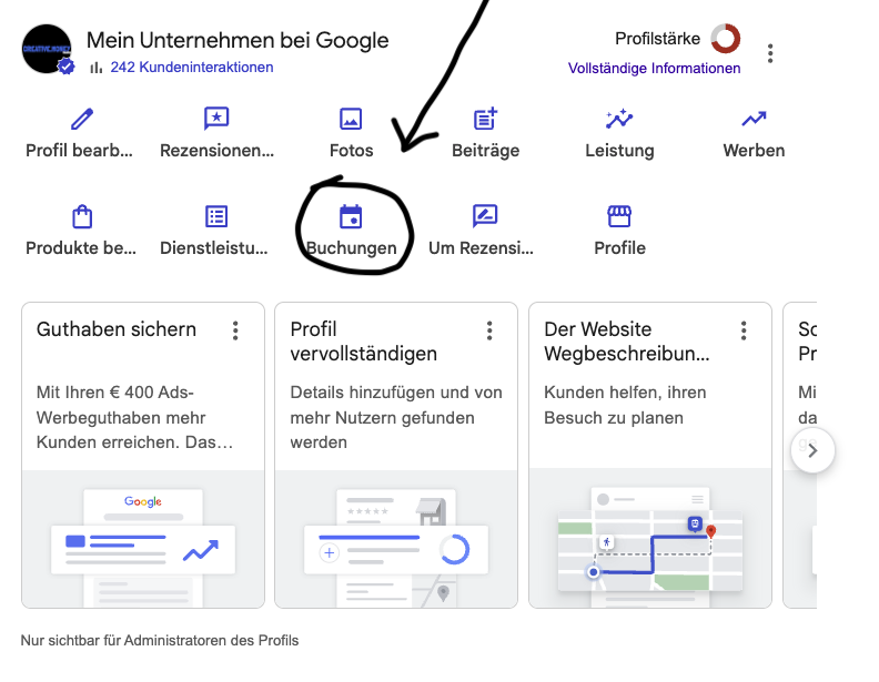 Google-Suchergebnis mit der Verwaltungsleiste und markierter Schaltfläche Buchungen